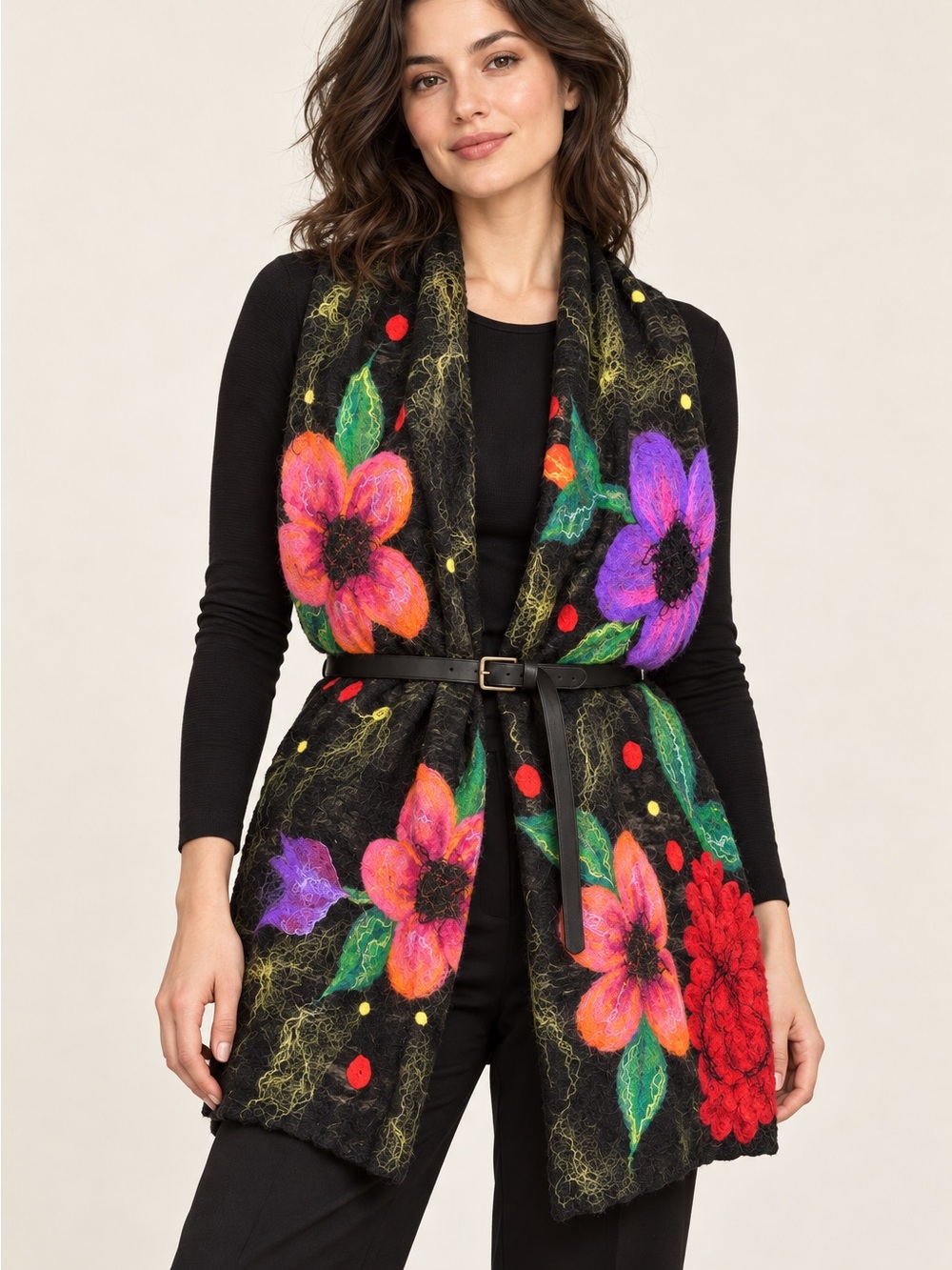 Floral Felted Wool Scarf Vest - Black with Multicolor Flowers